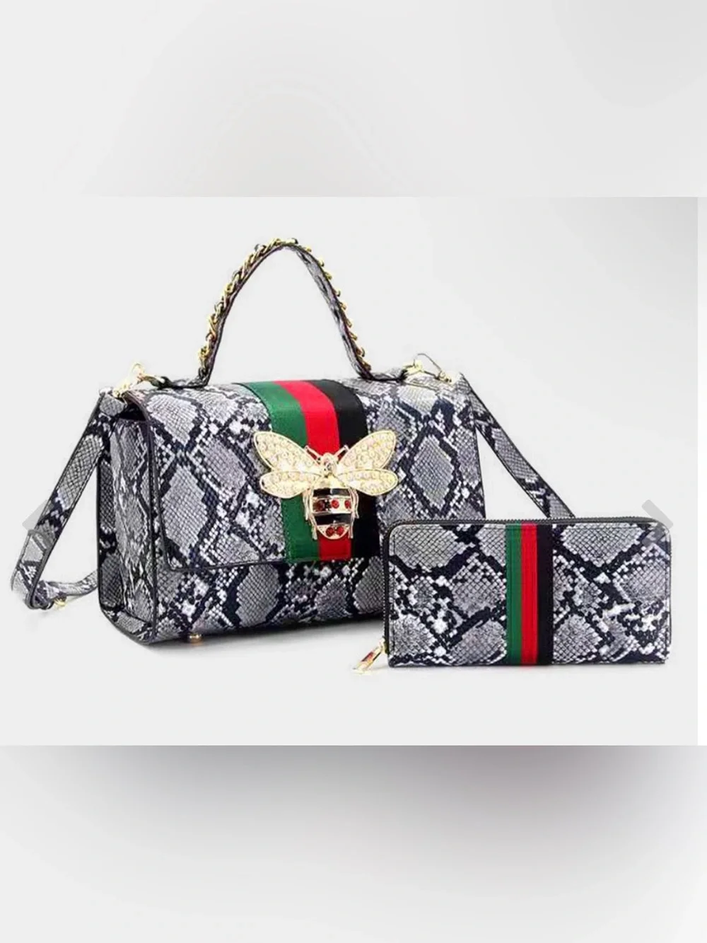 Snake-Embossed Top Handle Bag & Wallet Set with Green-Red Stripe